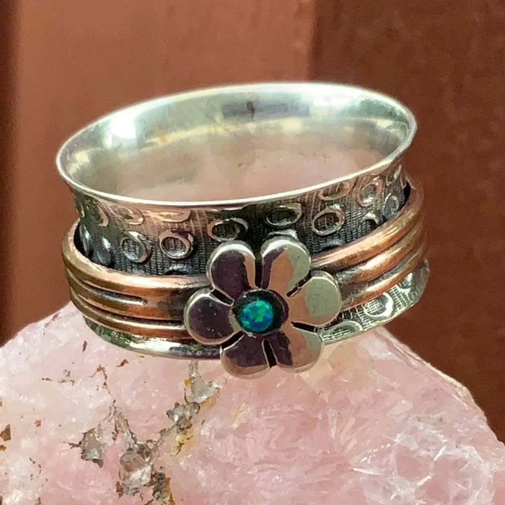 BOUTIQUE 2-TONE MEDITATION FIRE OPAL 925 RING, 8 - Picture 1 of 11
